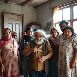 An amusing scene depicting a family standing in a shabby, inexpensive-looking room