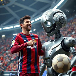 Lionel Messi in a futuristic space stadium, wearing his signature football uniform, joyfully laughing while pointing at a giant robot with a metallic body and glowing eyes