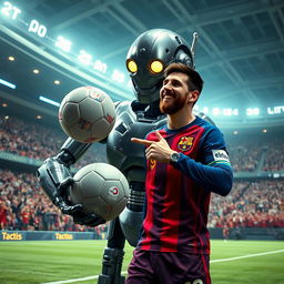 Lionel Messi in a futuristic space stadium, wearing his signature football uniform, joyfully laughing while pointing at a giant robot with a metallic body and glowing eyes