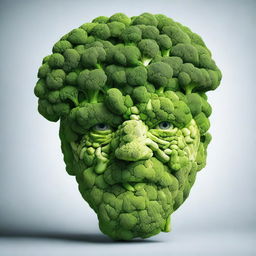 A high-quality digital art piece depicting a human head, meticulously crafted entirely from pieces of broccoli