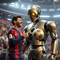 Lionel Messi in a futuristic space stadium, wearing his signature football uniform, joyfully laughing while pointing at a giant robot with a metallic body and glowing eyes
