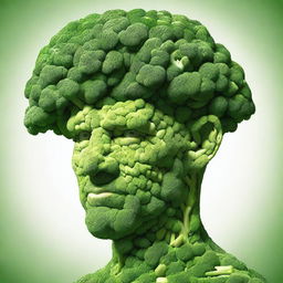 A high-quality digital art piece depicting a human head, meticulously crafted entirely from pieces of broccoli