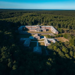 Aerial view of the historic Unit 731 facility, showcasing its sprawling complex of buildings set against a backdrop of dense, overgrown forest