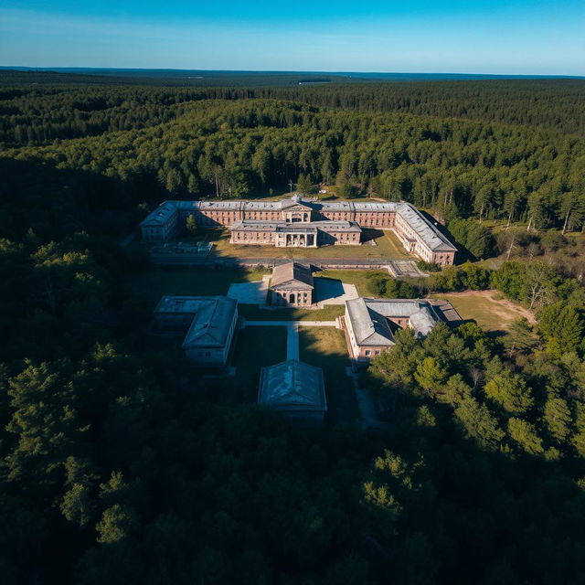 Aerial view of the historic Unit 731 facility, showcasing its sprawling complex of buildings set against a backdrop of dense, overgrown forest