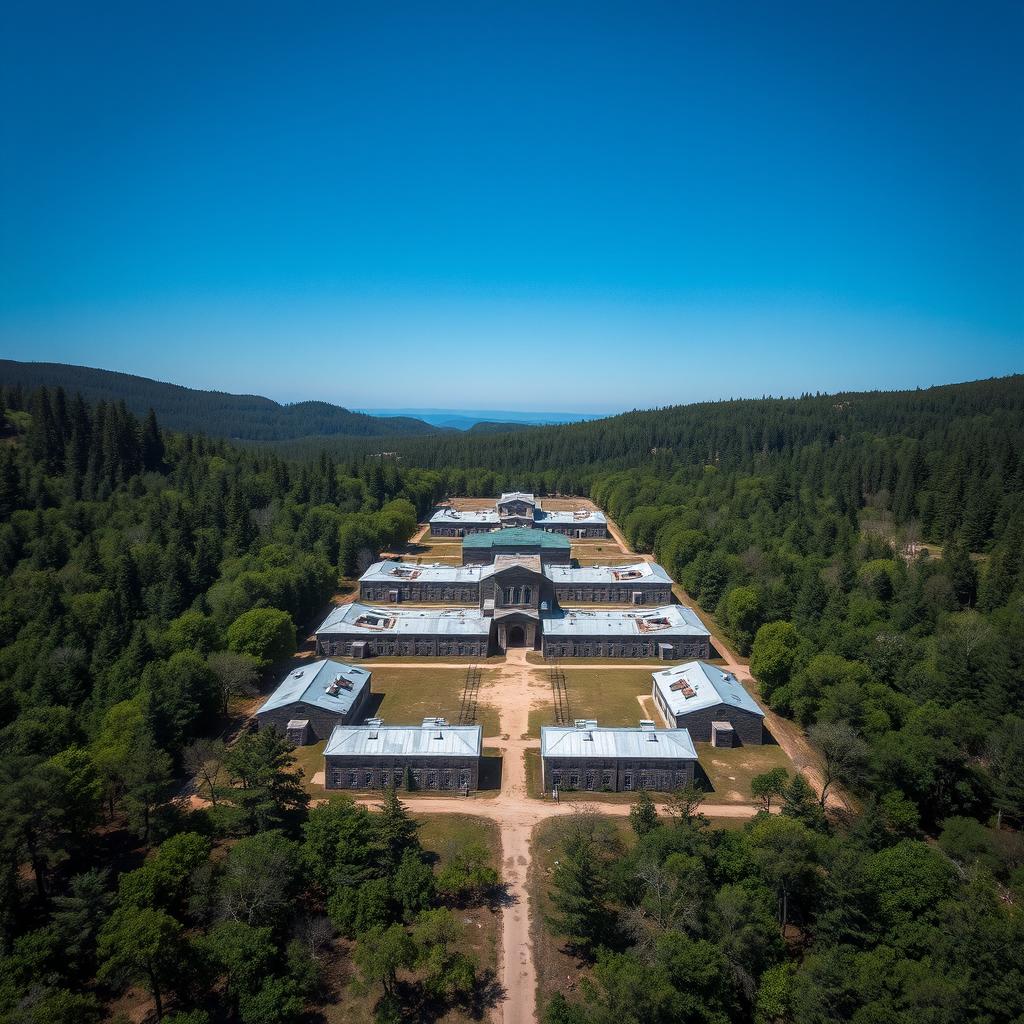 Aerial view of the historic Unit 731 facility, showcasing its sprawling complex of buildings set against a backdrop of dense, overgrown forest