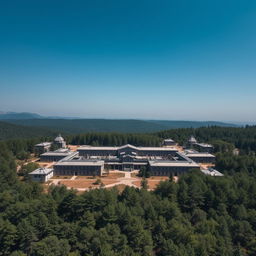 Aerial view of the historic Unit 731 facility, showcasing its sprawling complex of buildings set against a backdrop of dense, overgrown forest