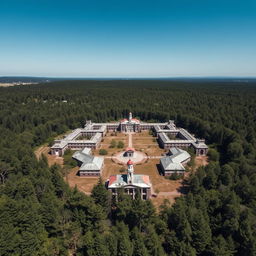Aerial view of the historic Unit 731 facility, showcasing its sprawling complex of buildings set against a backdrop of dense, overgrown forest