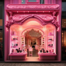 Visualize a 3 meter wide cosmetics shop with appealing outdoor decorations. Showcase vibrant signage, window displays with beauty products, and stylish facade to attract customers