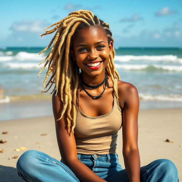 A cheerful young woman with long, blonde dreadlocks sitting on a sandy beach