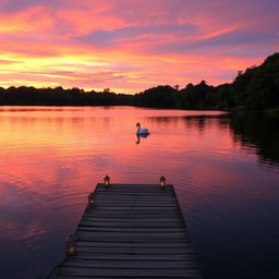 A serene lakeside scene at sunset, where the sky is painted in vibrant shades of orange, pink, and purple