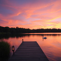 A serene lakeside scene at sunset, where the sky is painted in vibrant shades of orange, pink, and purple