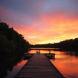 A serene lakeside scene at sunset, where the sky is painted in vibrant shades of orange, pink, and purple