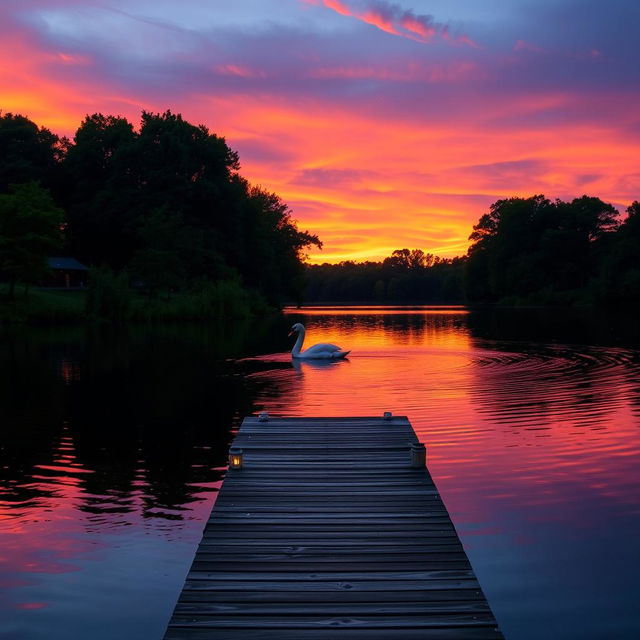 A serene lakeside scene at sunset, where the sky is painted in vibrant shades of orange, pink, and purple