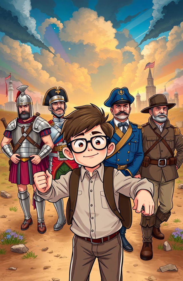 An illustration of a fictional schoolboy heroically saving four historical generals, depicted in a vibrant and dynamic style