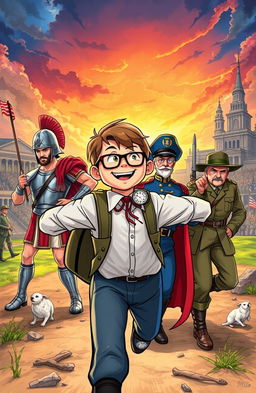 An illustration of a fictional schoolboy heroically saving four historical generals, depicted in a vibrant and dynamic style