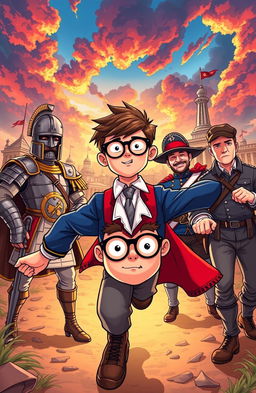 An illustration of a fictional schoolboy heroically saving four historical generals, depicted in a vibrant and dynamic style