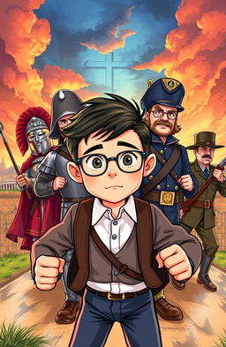 An illustration of a fictional schoolboy heroically saving four historical generals, depicted in a vibrant and dynamic style
