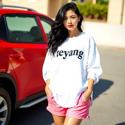 A young adult woman with long, wavy black hair, wearing a stylish white oversized shirt featuring the letters 'teyang' printed on it, paired with pink shorts