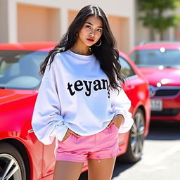A young adult woman with long, wavy black hair, wearing a stylish white oversized shirt featuring the letters 'teyang' printed on it, paired with pink shorts