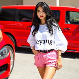 A young adult woman with long, wavy black hair, wearing a stylish white oversized shirt featuring the letters 'teyang' printed on it, paired with pink shorts