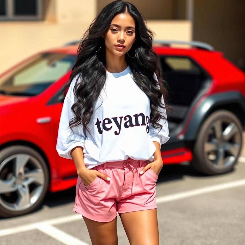 A young adult woman with long, wavy black hair, wearing a stylish white oversized shirt featuring the letters 'teyang' printed on it, paired with pink shorts
