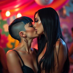 Two sexy girls with dark long undercuts passionately kissing