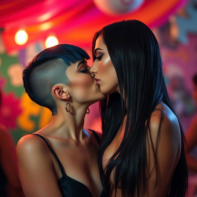 Two sexy girls with dark long undercuts passionately kissing