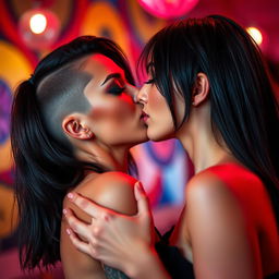 Two sexy girls with dark long undercuts passionately kissing