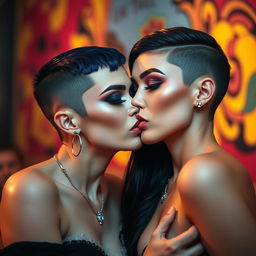 Two sexy girls with dark long undercuts passionately kissing