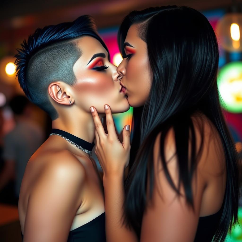 Two sexy girls with dark long undercuts passionately kissing