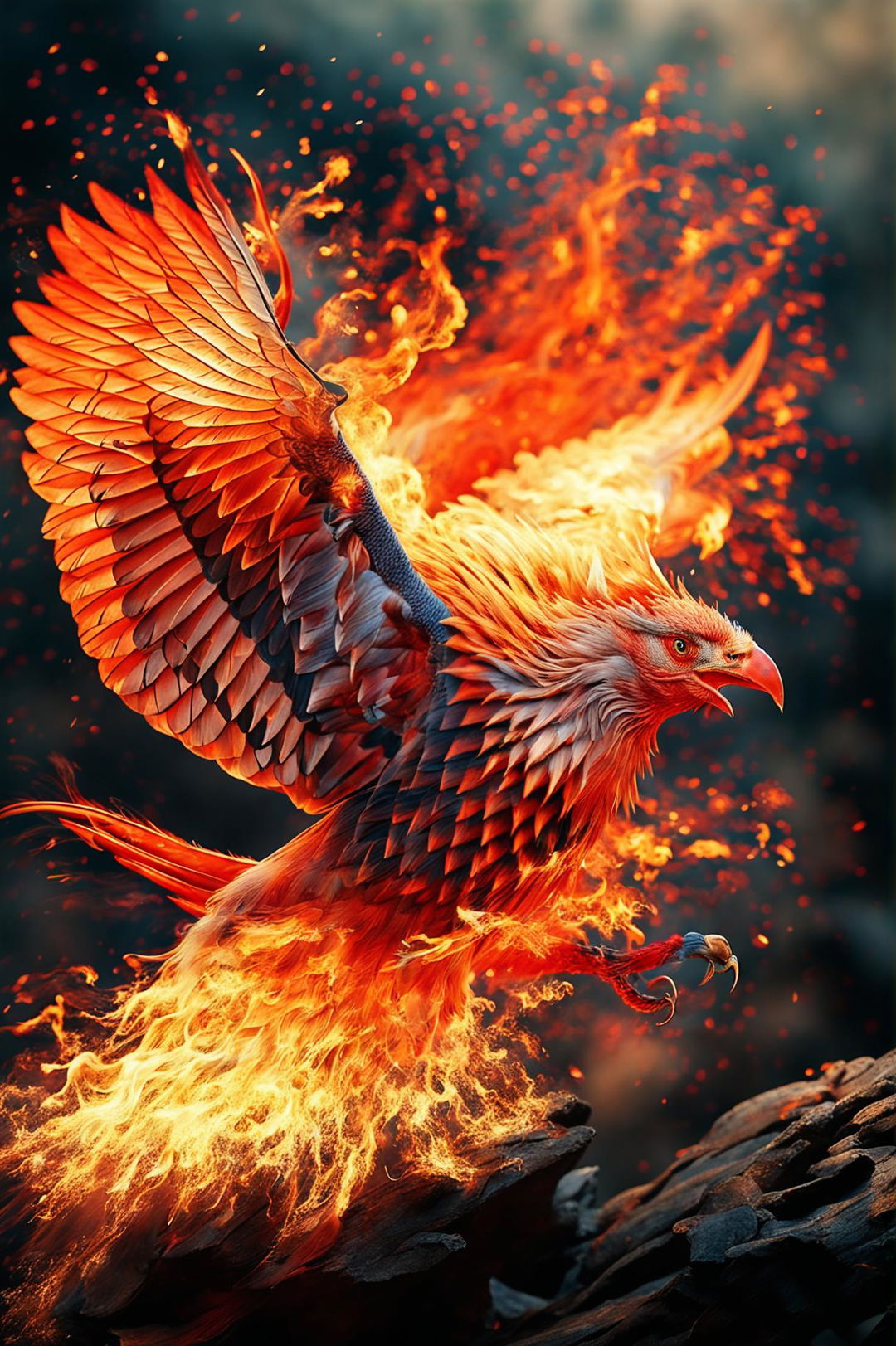 This is a 32k resolution HD National Geographic photograph featuring a majestic phoenix in mid-flight