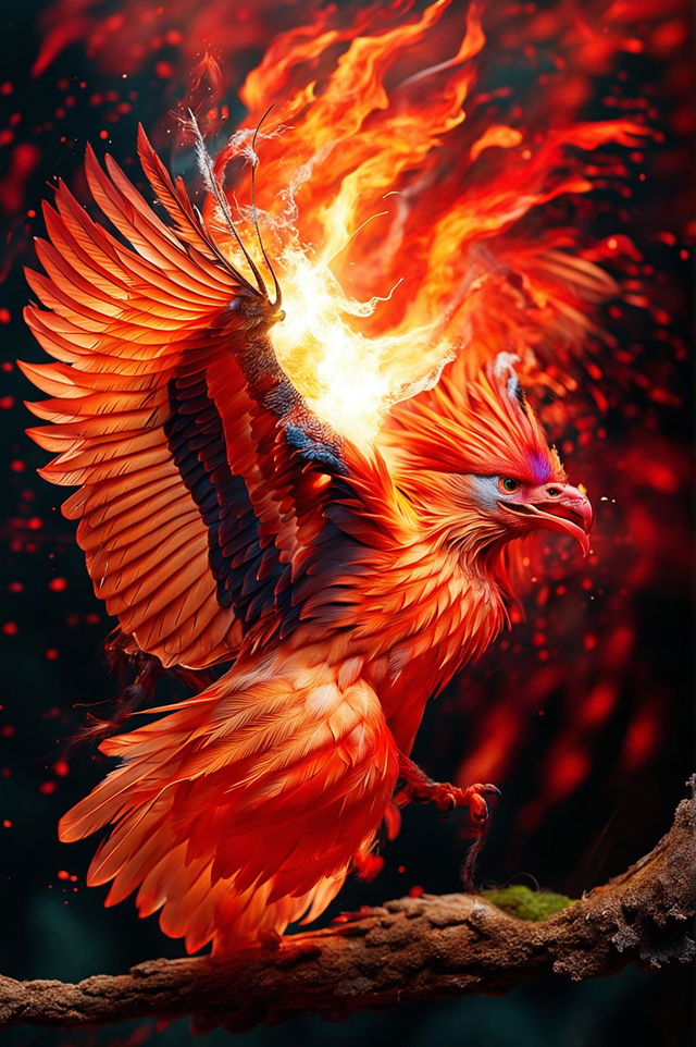 This is a 32k resolution HD bird photograph from National Geographic, featuring a vibrant phoenix in mid-flight