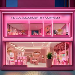 Visualize a 3 meter wide cosmetics shop with appealing outdoor decorations. Showcase vibrant signage, window displays with beauty products, and stylish facade to attract customers