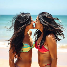 Two attractive dark-haired women in colorful bikinis, deeply engaged in a romantic kiss on a sunny beach