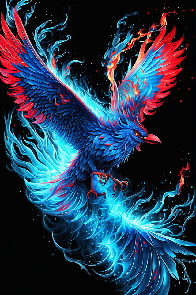 This is a high-quality digital art piece featuring a vibrant blue phoenix, its form composed entirely of intense, blue flames