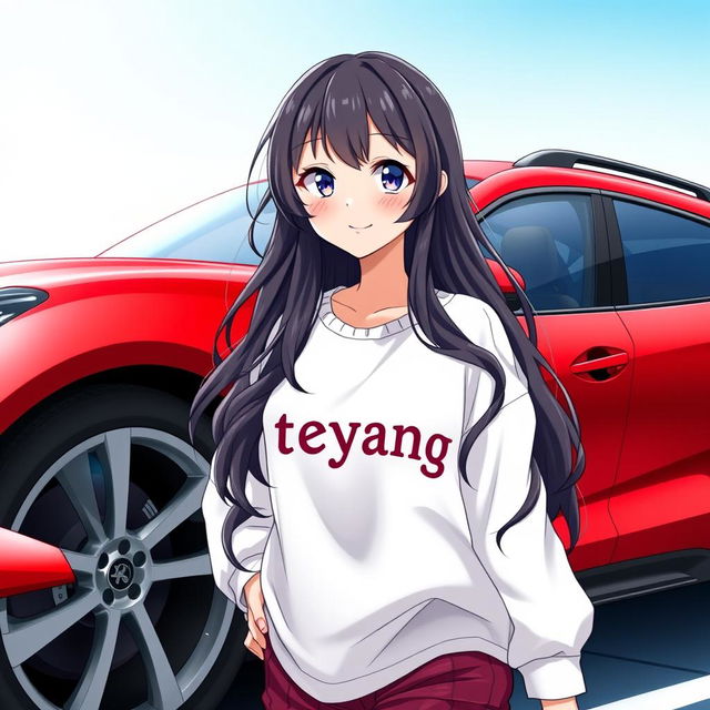 A beautiful anime girl with long, wavy black hair wearing an oversized white shirt that has the letters 'teyang' printed on it