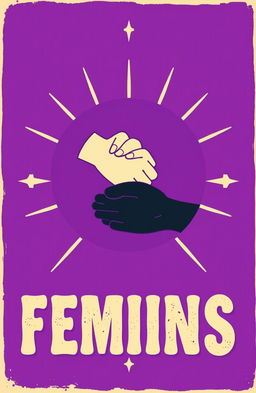 A vibrant feminist symbol in rich purple, centered in the design featuring a white hand and a black hand engaged in a handshake, symbolizing friendship and unity