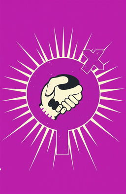 A vibrant feminist symbol in rich purple, centered in the design featuring a white hand and a black hand engaged in a handshake, symbolizing friendship and unity