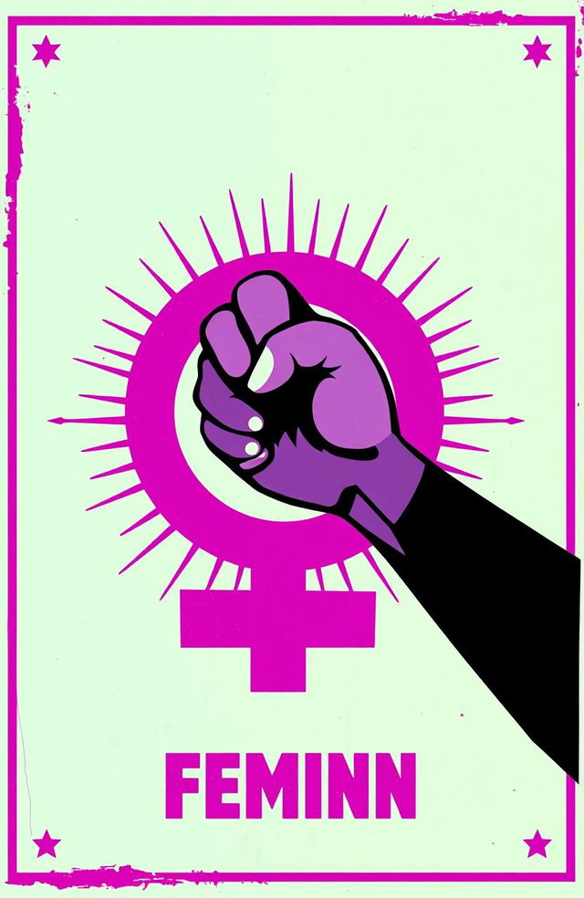 A vibrant feminist symbol in rich purple, centered in the design featuring a white hand and a black hand engaged in a handshake, symbolizing friendship and unity