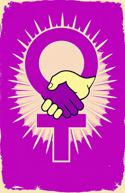 A vibrant feminist symbol in rich purple, centered in the design featuring a white hand and a black hand engaged in a handshake, symbolizing friendship and unity