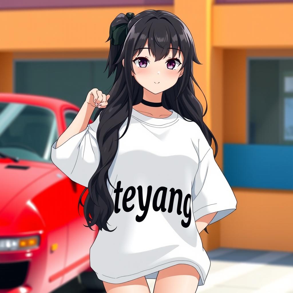 A beautiful anime girl with long, wavy black hair, wearing an oversized white shirt that prominently displays the letters 'teyang'