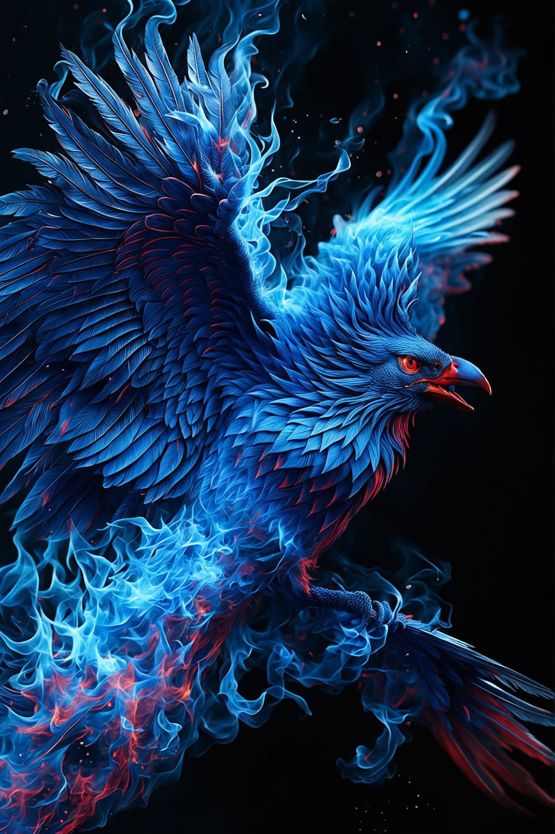 This is a 32k resolution HD photograph featuring a vibrant blue phoenix, its form composed entirely of intense, blue flames