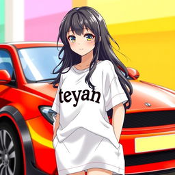 A beautiful anime girl with long, wavy black hair, wearing an oversized white shirt that prominently displays the letters 'teyang'
