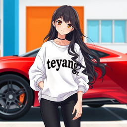 A beautiful anime girl with long, wavy black hair, wearing an oversized white shirt that prominently displays the letters 'teyang'