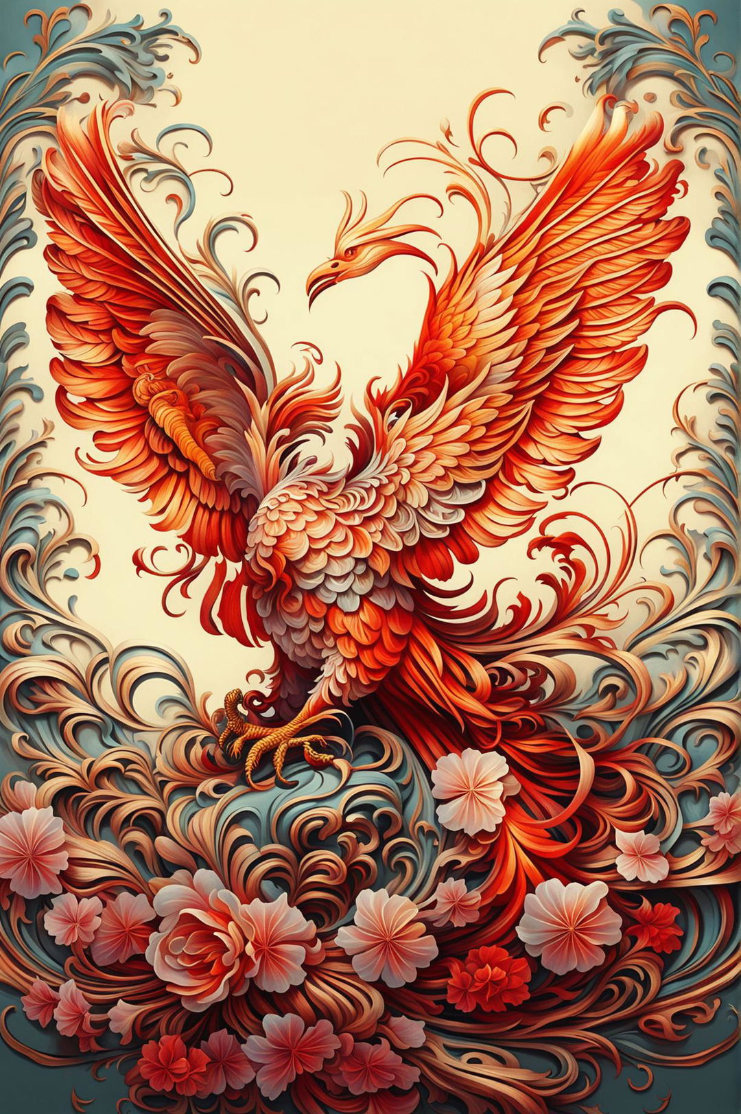 This is a 32k resolution HD digital rendering of a Rococo-style art piece featuring a majestic phoenix in mid-flight