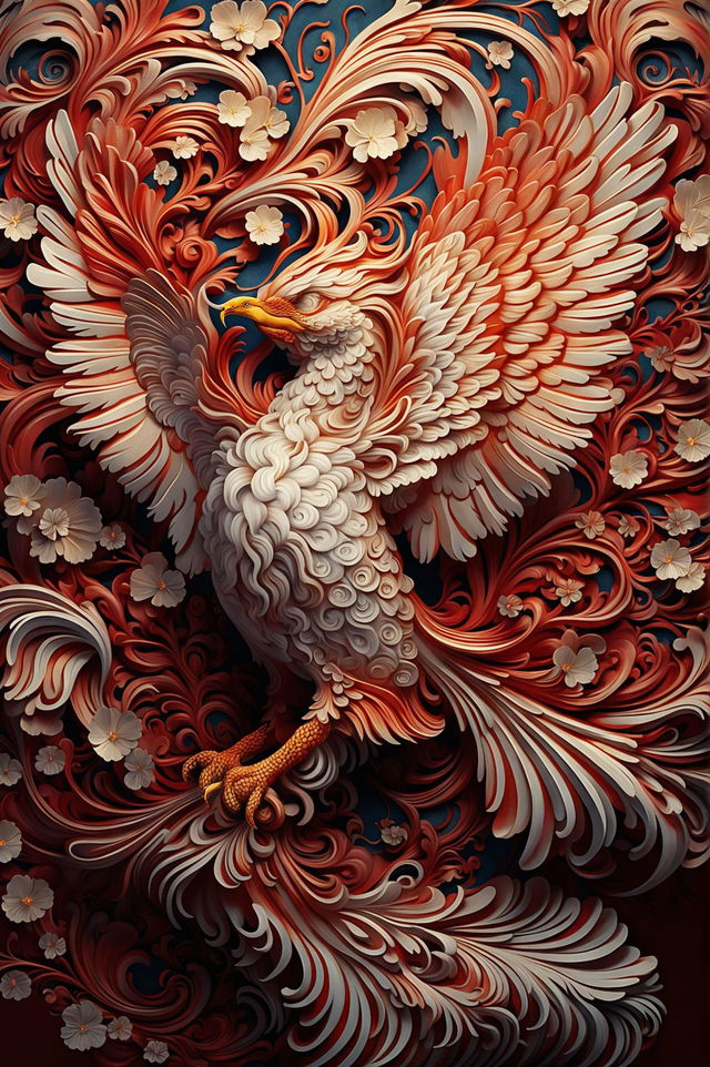 This is a 32k resolution HD digital rendering of a Rococo-style art piece featuring a majestic phoenix in mid-flight