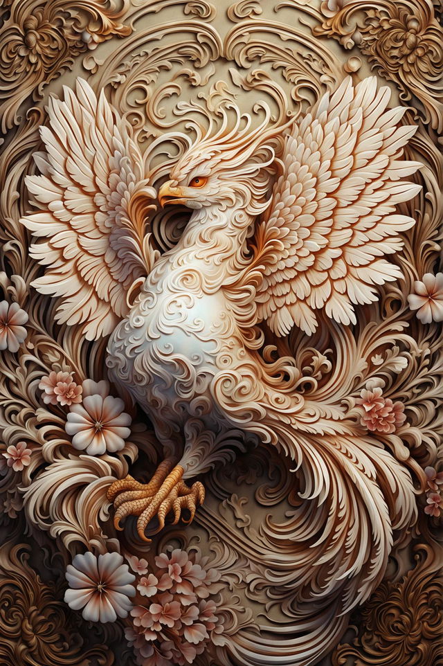 This is a 32k resolution HD digital rendering of a Rococo-style art piece featuring a majestic phoenix in mid-flight