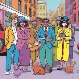 A high-resolution digital art image depicting a humorous scene of people mewing on a busy city street