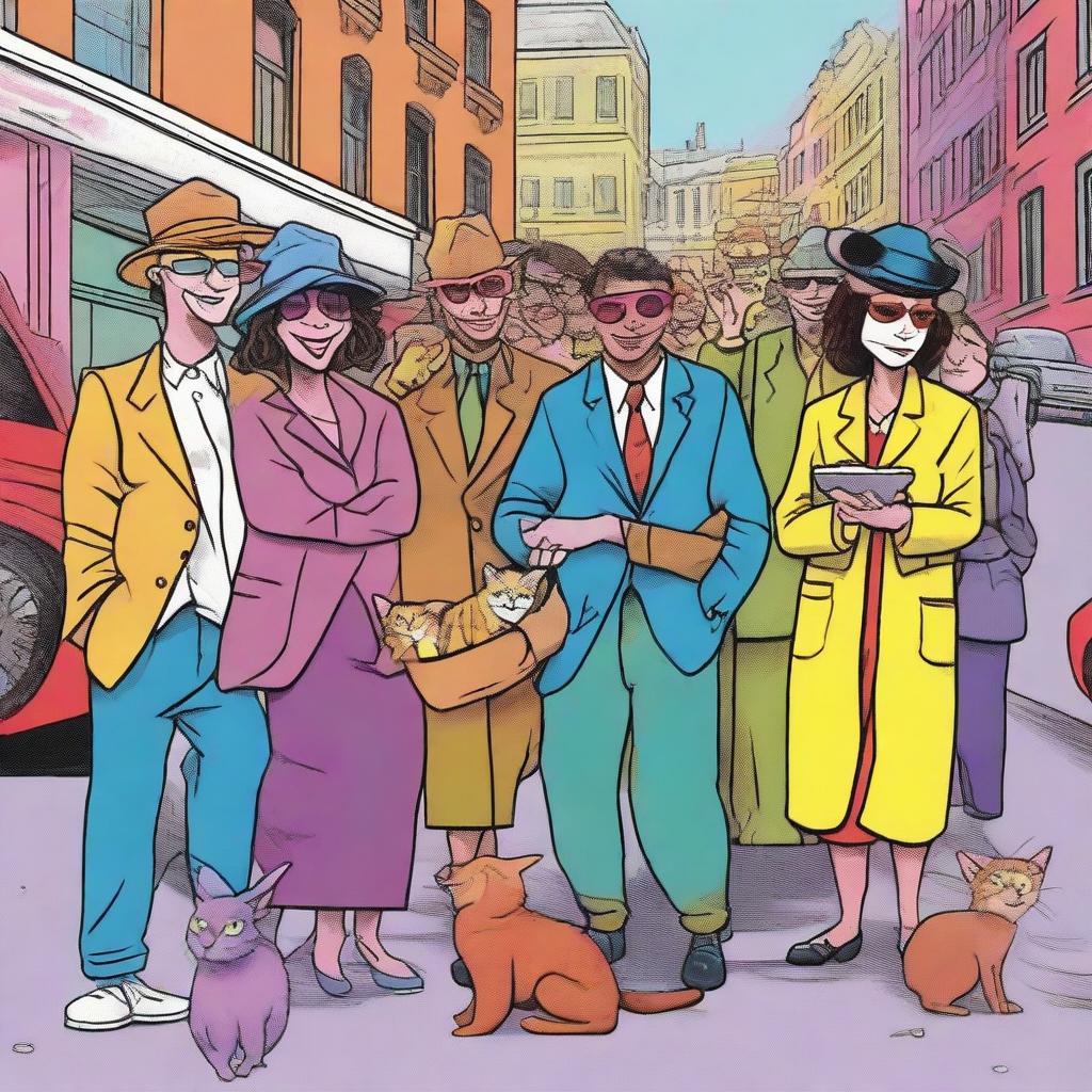 A high-resolution digital art image depicting a humorous scene of people mewing on a busy city street