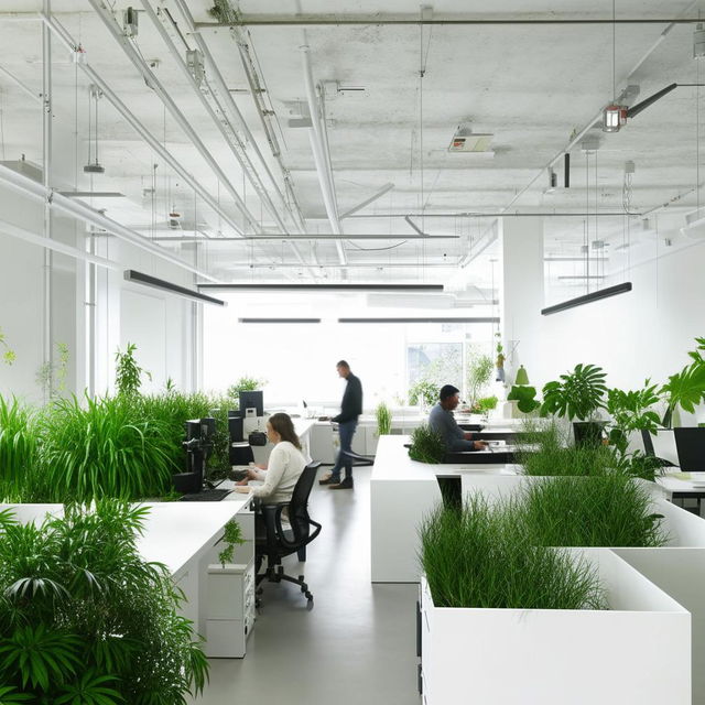 A back office with a sleek, white interior, populated by industrious people at work. Scattered within this space are clusters of lush, green indoor plants lending a refreshing touch to the ambiance.